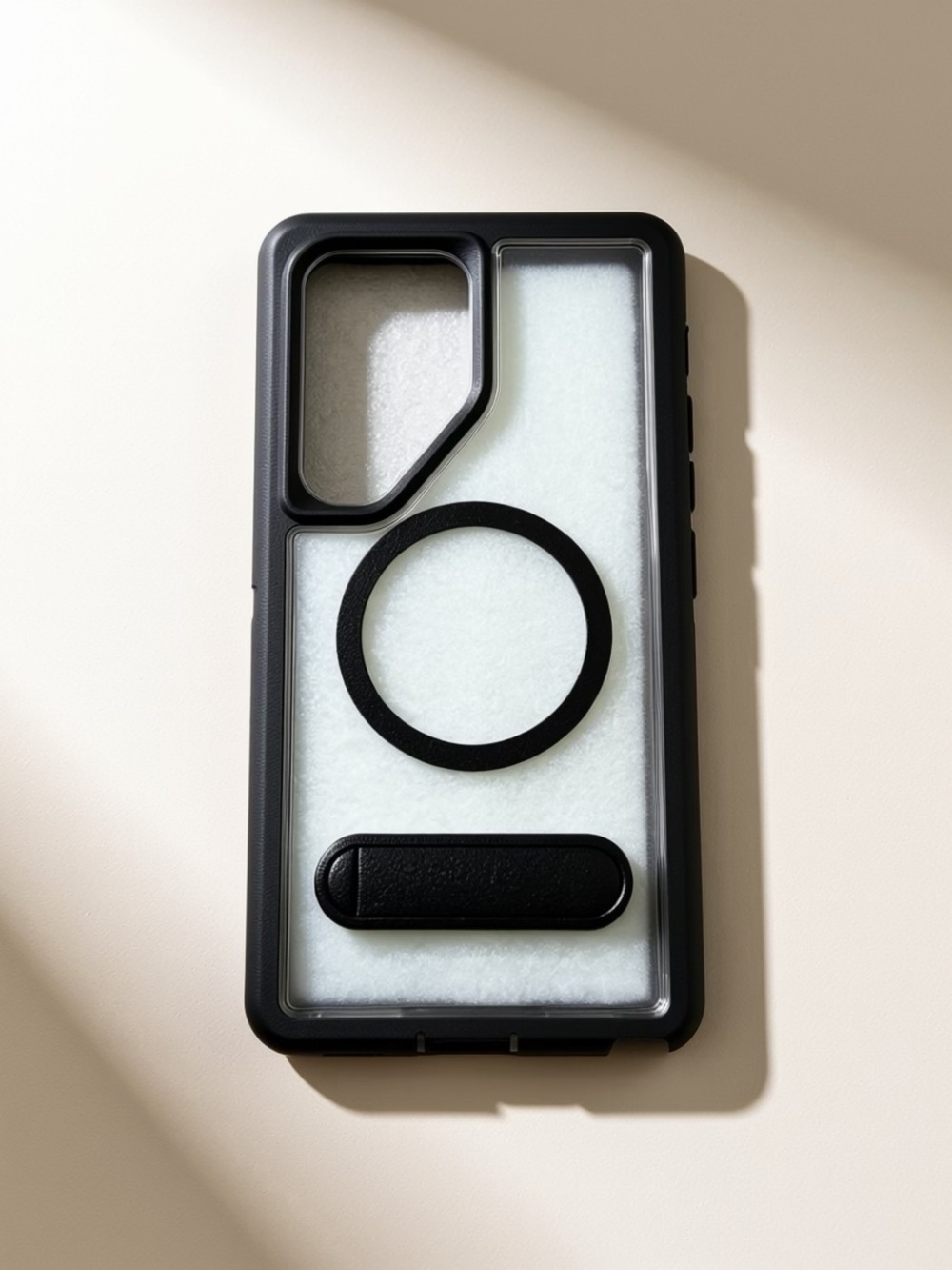 Black Clear Magnetic Ring Phone Case with Kickstand for Samsung S25 Ultra.